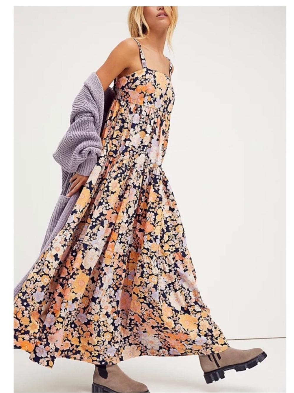 Free People ParkSlopes Floral Cotton Dark Combo Maxi Dress M